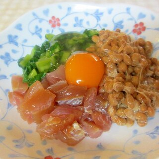 野沢菜、マグロの月見納豆
